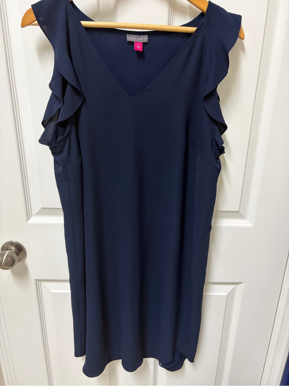 Vince Camuto Navy Ruffle-Sleeve V-Neck Dress